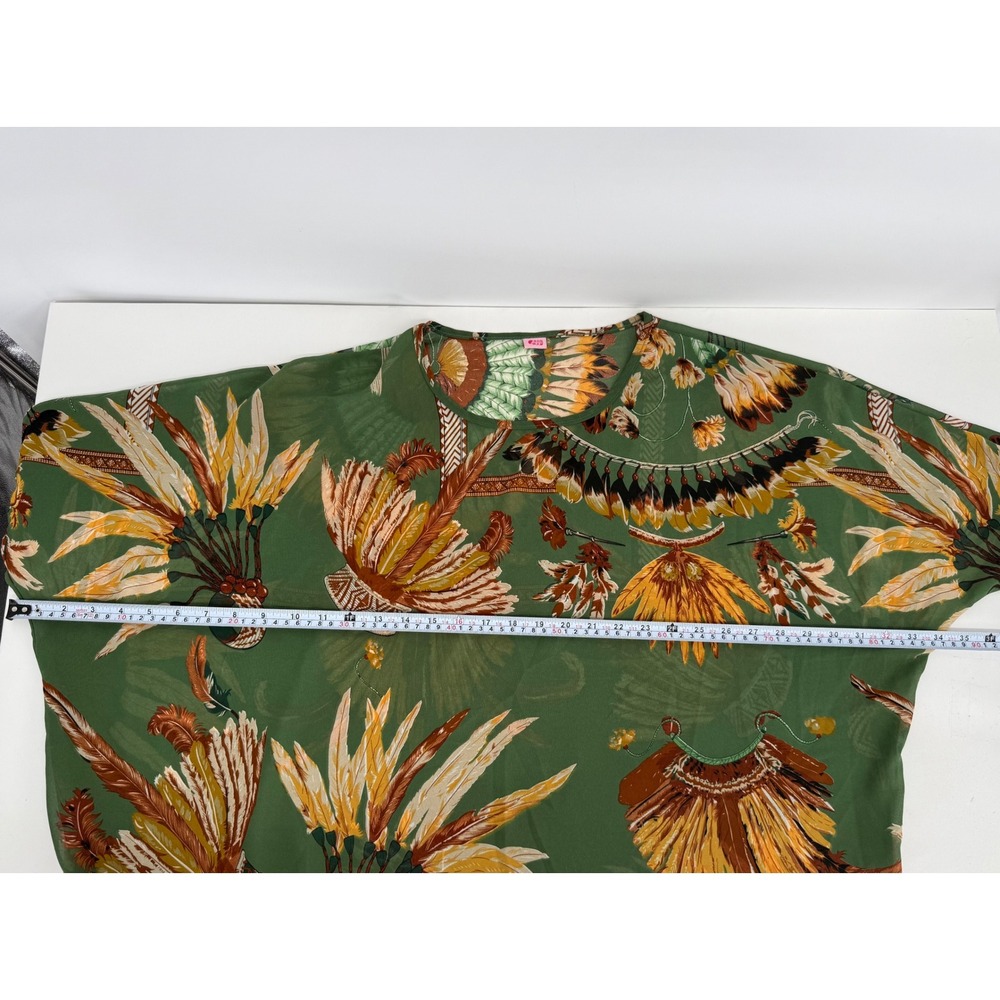 O.S.N Women Green Feather Headdress Print Oversized Blouse Boho Scoop Neck Sz OS